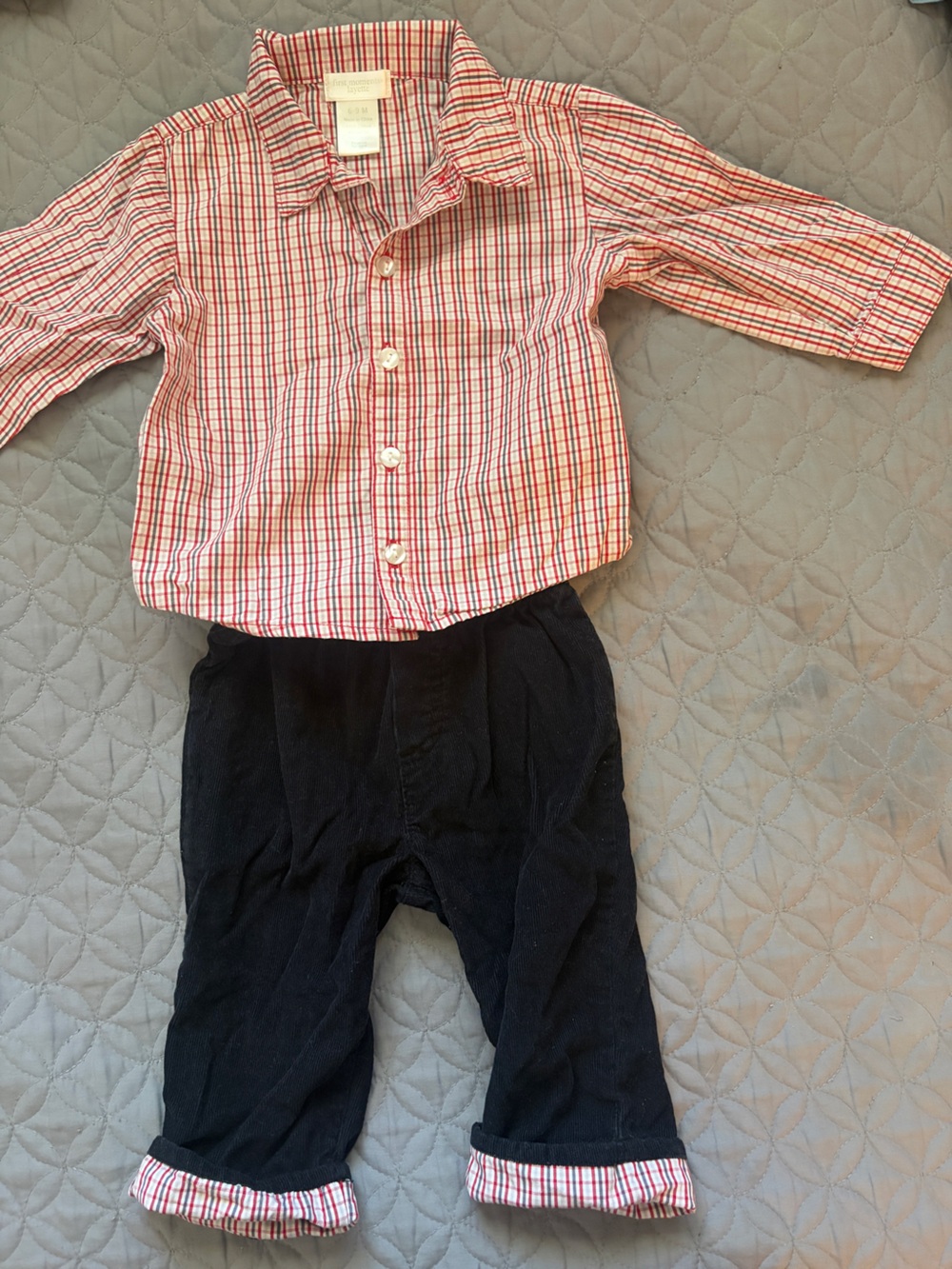 First Moments Layette Baby Boy 6-9m Red Plaid Shirt & Black Pant Matching Set